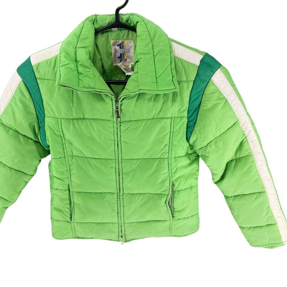 Vintage 80s Number 1 Sun Ski Jacket Puffer Lime Green Racing Stripe Retro Ski
